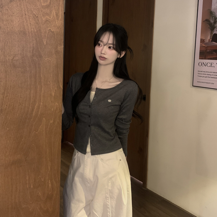 레이어드 배색 골지 크롭 슬림핏 가디건 긴팔티셔츠 봄옷 봄신상 차콜