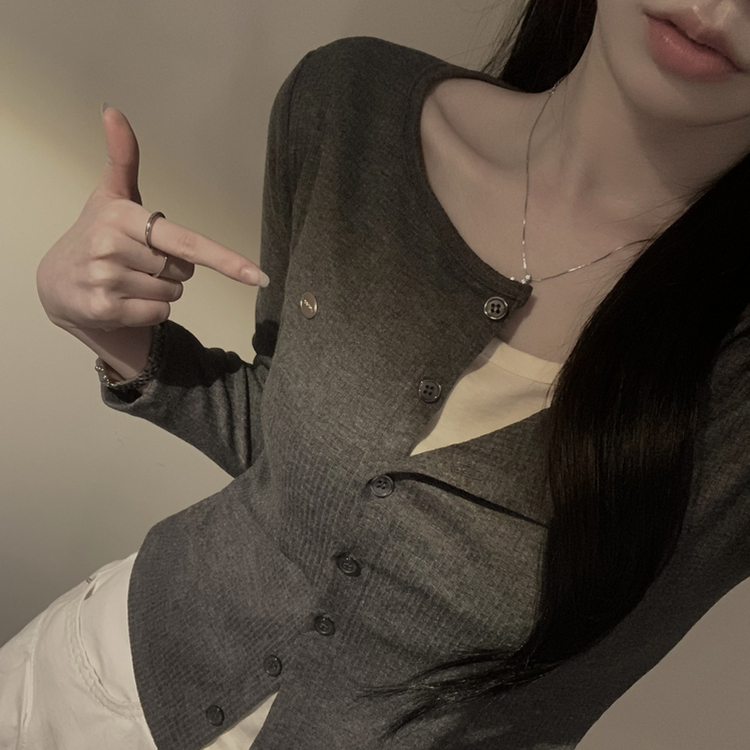 레이어드 배색 골지 크롭 슬림핏 가디건 긴팔티셔츠 봄옷 봄신상 차콜