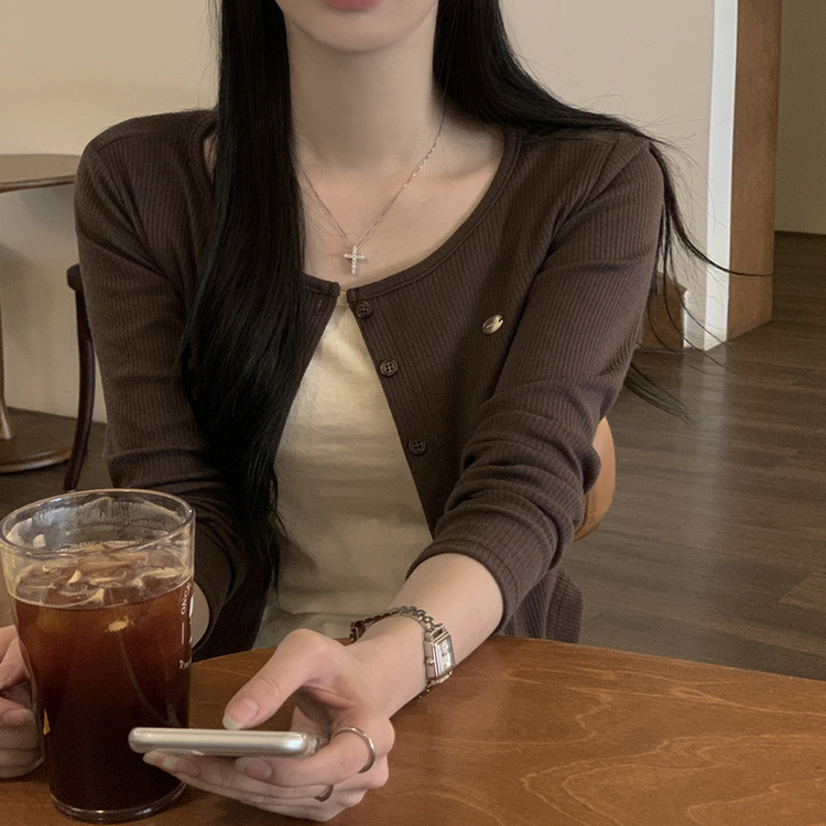 레이어드 배색 골지 크롭 슬림핏 가디건 긴팔티셔츠 봄옷 봄신상 브라운