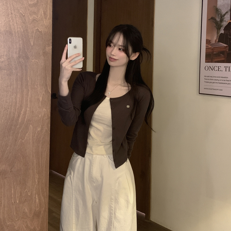 레이어드 배색 골지 크롭 슬림핏 가디건 긴팔티셔츠 봄옷 봄신상 브라운