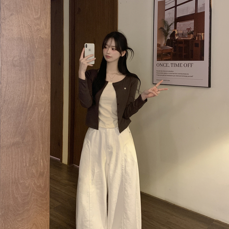 레이어드 배색 골지 크롭 슬림핏 가디건 긴팔티셔츠 봄옷 봄신상 브라운