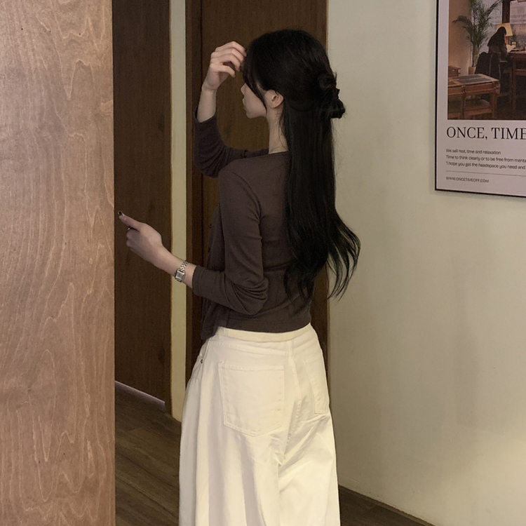 레이어드 배색 골지 크롭 슬림핏 가디건 긴팔티셔츠 봄옷 봄신상 브라운