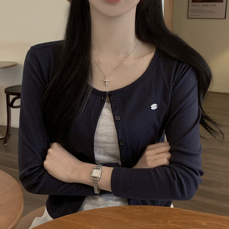 레이어드 배색 골지 크롭 슬림핏 가디건 긴팔티셔츠 봄옷 봄신상 진곤