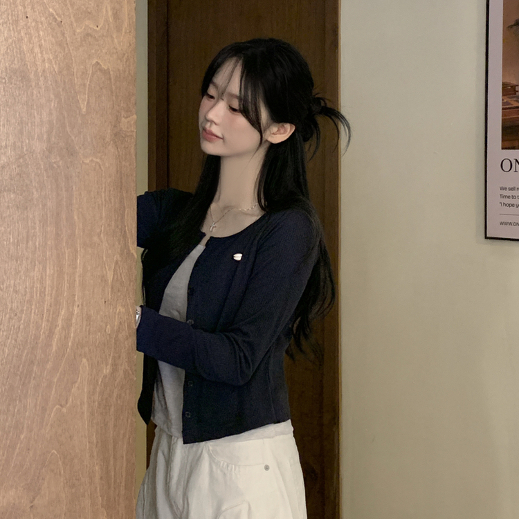 레이어드 배색 골지 크롭 슬림핏 가디건 긴팔티셔츠 봄옷 봄신상 진곤