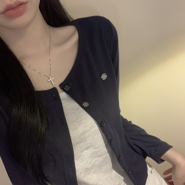 레이어드 배색 골지 크롭 슬림핏 가디건 긴팔티셔츠 봄옷 봄신상 진곤