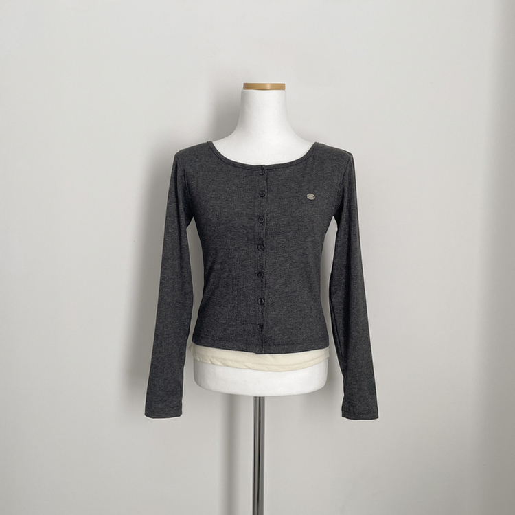 레이어드 배색 골지 크롭 슬림핏 가디건 긴팔티셔츠 봄옷 봄신상