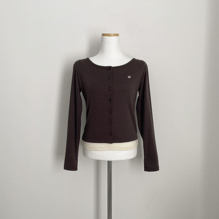 레이어드 배색 골지 크롭 슬림핏 가디건 긴팔티셔츠 봄옷 봄신상