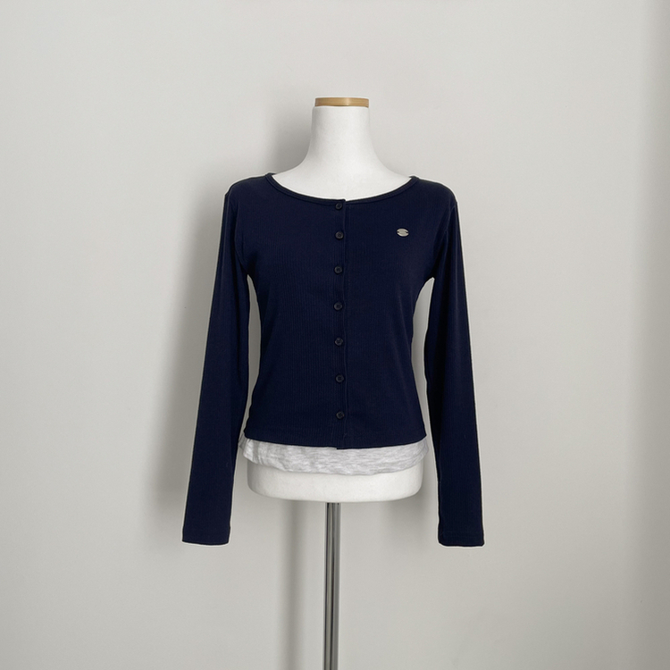 레이어드 배색 골지 크롭 슬림핏 가디건 긴팔티셔츠 봄옷 봄신상