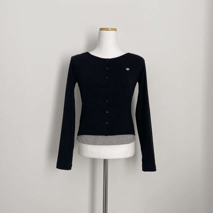 레이어드 배색 골지 크롭 슬림핏 가디건 긴팔티셔츠 봄옷 봄신상