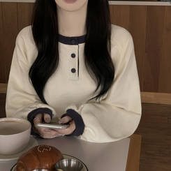 バイカラーボタン長袖Tシャツ(5color) CREAM