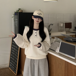 バイカラーボタン長袖Tシャツ(5color) CREAM