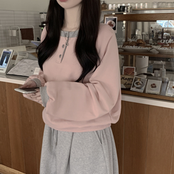 バイカラーボタン長袖Tシャツ(5color) PINK