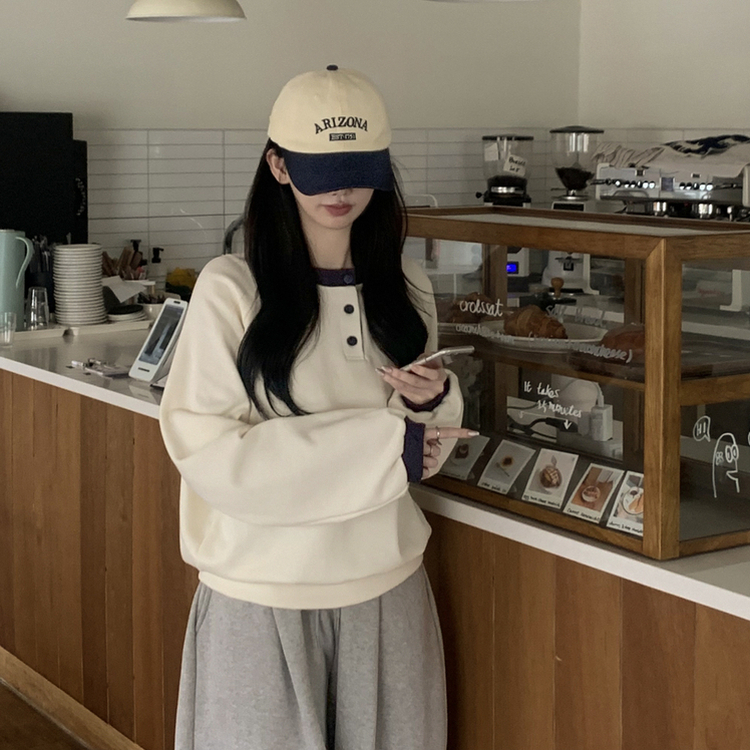 배색 버튼 나그랑 박시핏 벌룬 맨투맨 긴팔티셔츠 봄신상 봄맨투맨 봄옷 크림