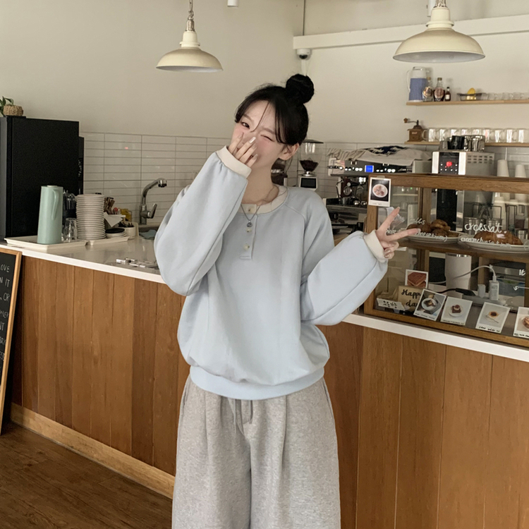 배색 버튼 나그랑 박시핏 벌룬 맨투맨 긴팔티셔츠 봄신상 봄맨투맨 봄옷 블루