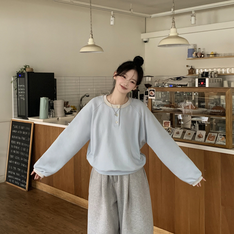 배색 버튼 나그랑 박시핏 벌룬 맨투맨 긴팔티셔츠 봄신상 봄맨투맨 봄옷 블루