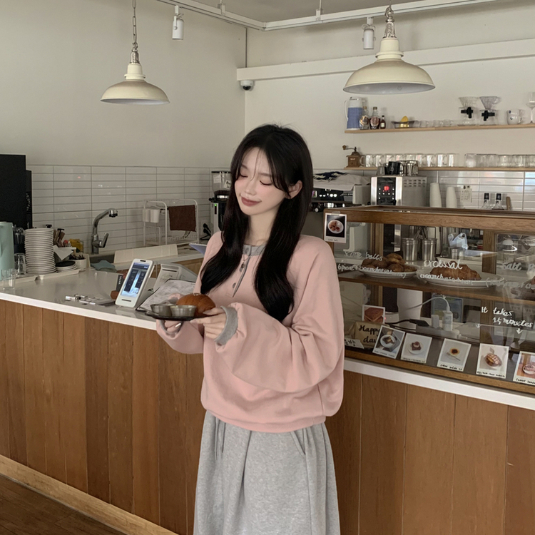 배색 버튼 나그랑 박시핏 벌룬 맨투맨 긴팔티셔츠 봄신상 봄맨투맨 봄옷 핑크