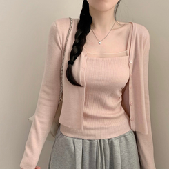 【SET】シフォンキャミソール ニットカーディガン(5color) PINK