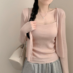 【SET】シフォンキャミソール ニットカーディガン(5color) PINK