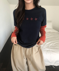 レイヤードスタープリント長袖Tシャツ NAVY