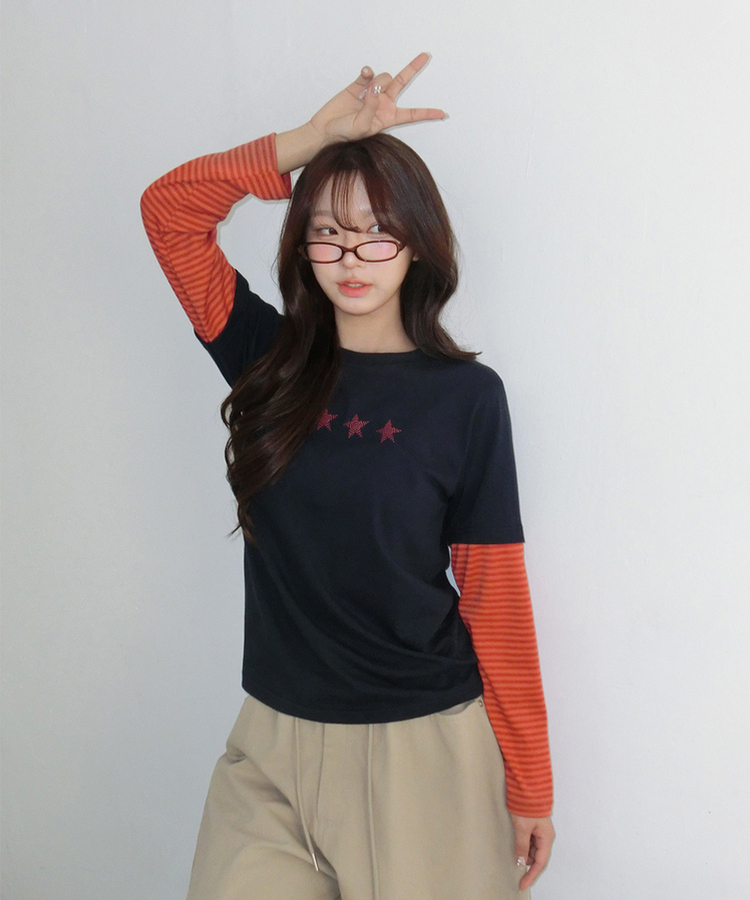 レイヤードスタープリント長袖Tシャツ NAVY