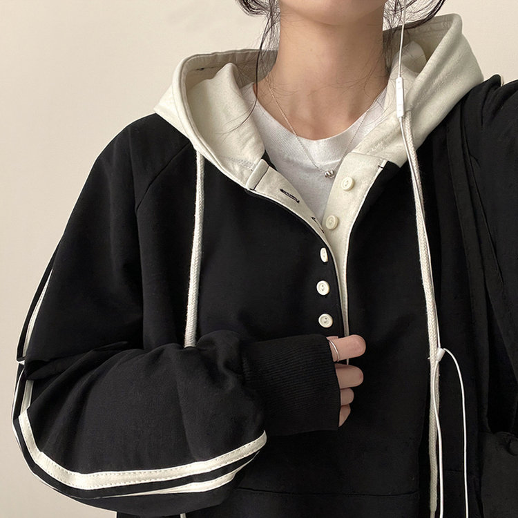 スナップボタンバイカラーラインフード BLACK