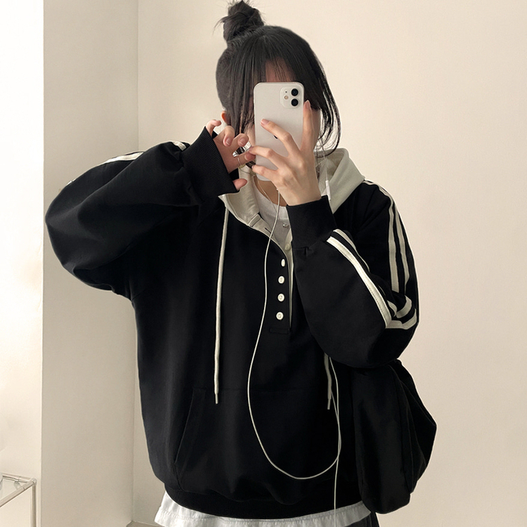 スナップボタンバイカラーラインフード BLACK