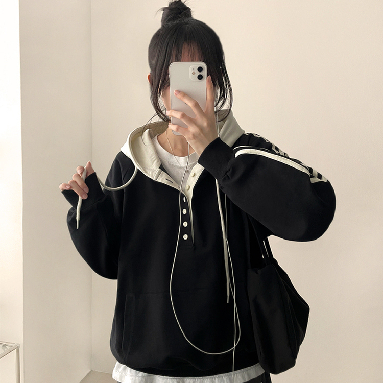 スナップボタンバイカラーラインフード BLACK