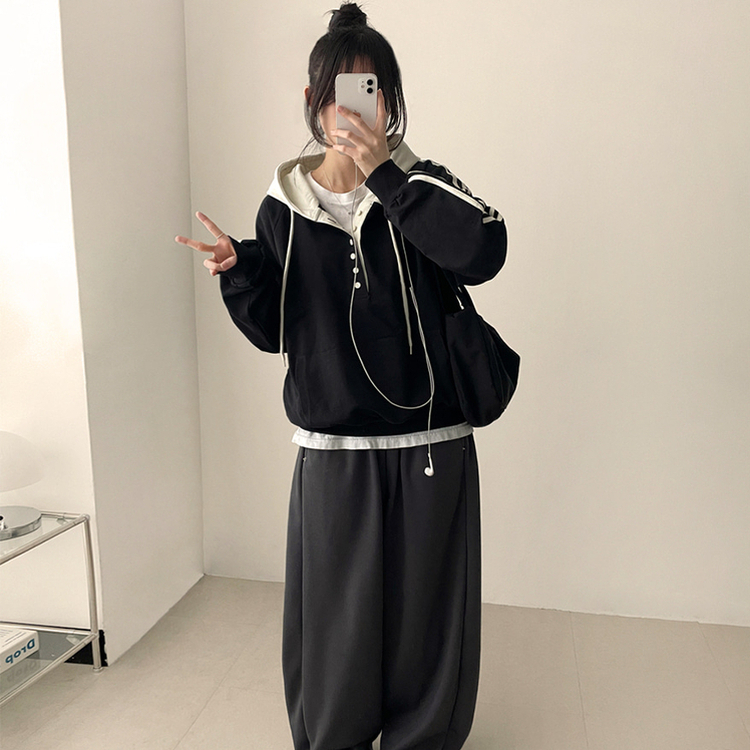 スナップボタンバイカラーラインフード BLACK