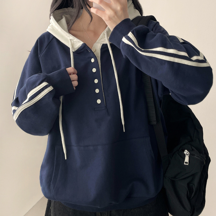 スナップボタンバイカラーラインフード NAVY
