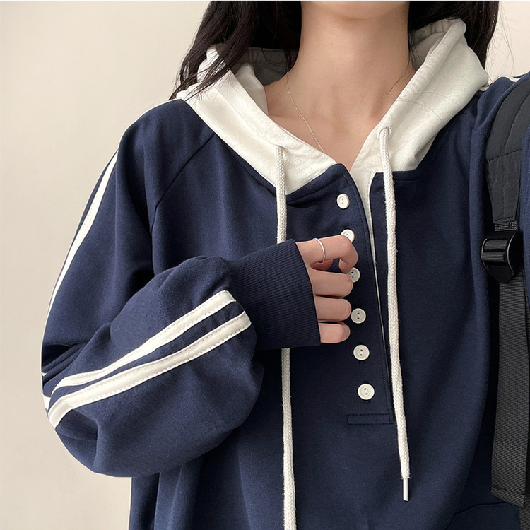 スナップボタンバイカラーラインフード NAVY