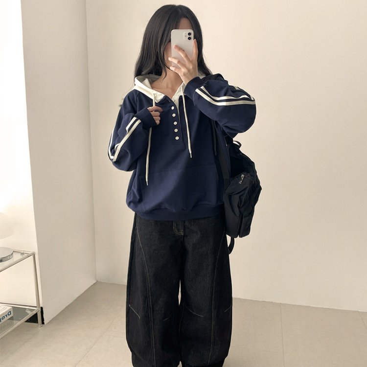 スナップボタンバイカラーラインフード NAVY