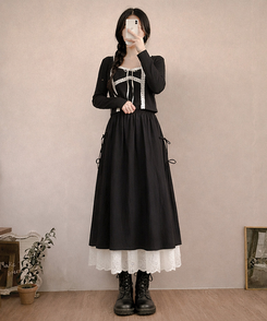 レースサイドリボンロングスカート BLACK