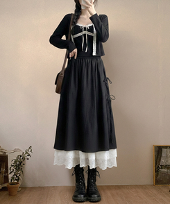 レースサイドリボンロングスカート BLACK