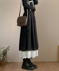 レースサイドリボンロングスカート BLACK
