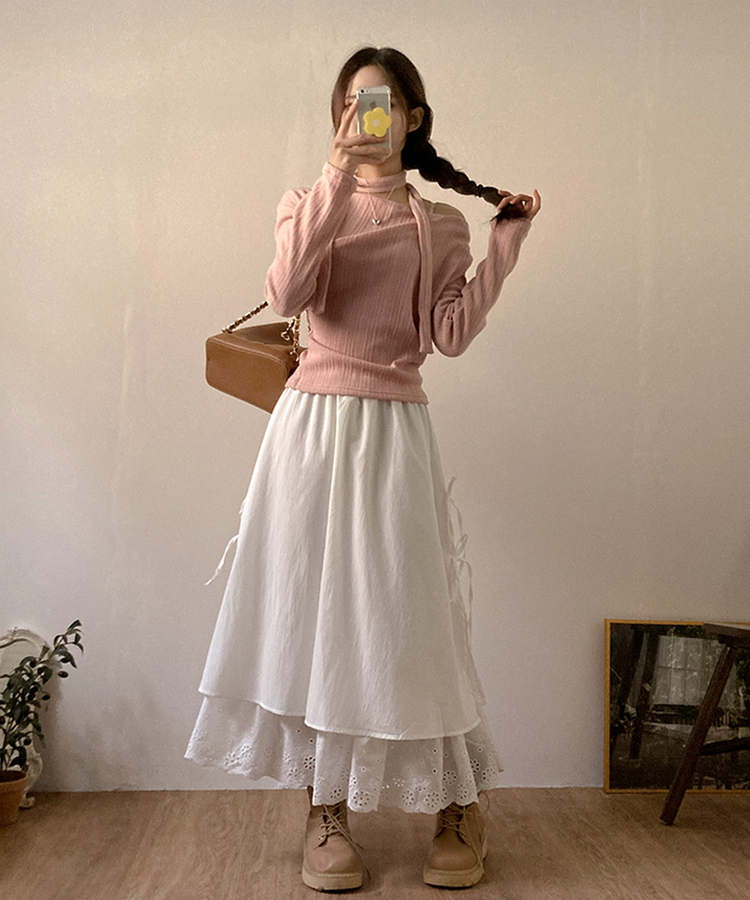 レースサイドリボンロングスカート WHITE