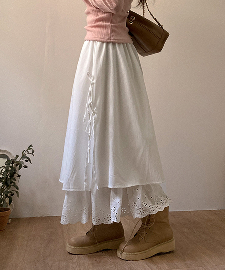 レースサイドリボンロングスカート WHITE