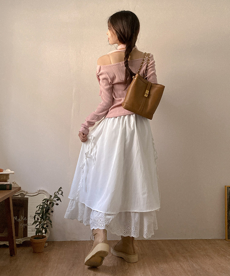 レースサイドリボンロングスカート WHITE