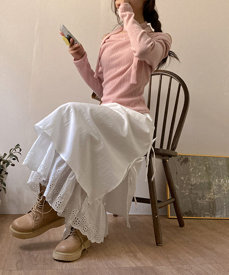 レースサイドリボンロングスカート WHITE