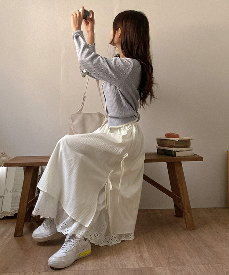 レースサイドリボンロングスカート BEIGE