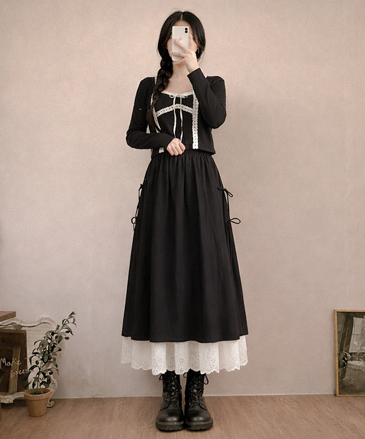 レースサイドリボンロングスカート BLACK