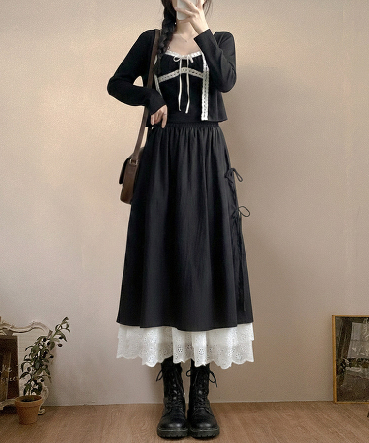 レースサイドリボンロングスカート BLACK
