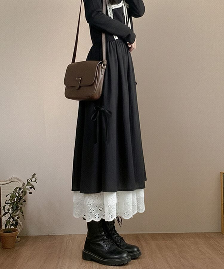 レースサイドリボンロングスカート BLACK