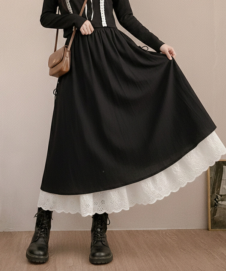 レースサイドリボンロングスカート BLACK