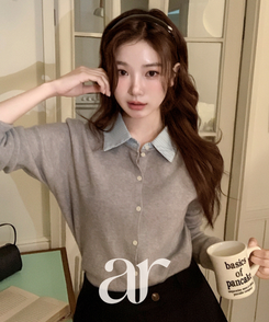 レイヤード風長袖ニットカーディガン GRAY