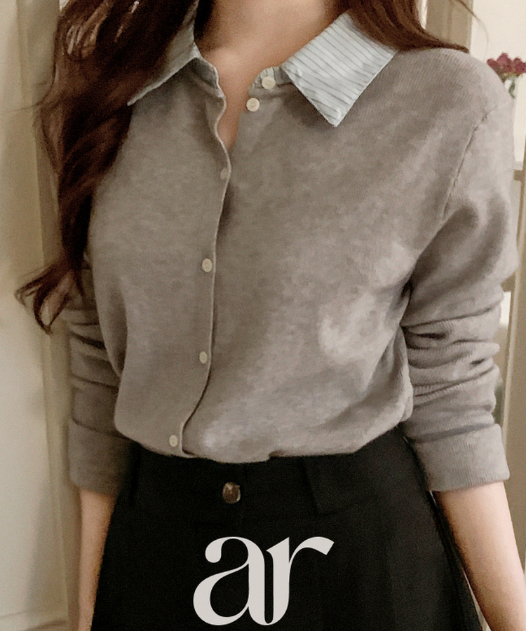 レイヤード風長袖ニットカーディガン GRAY