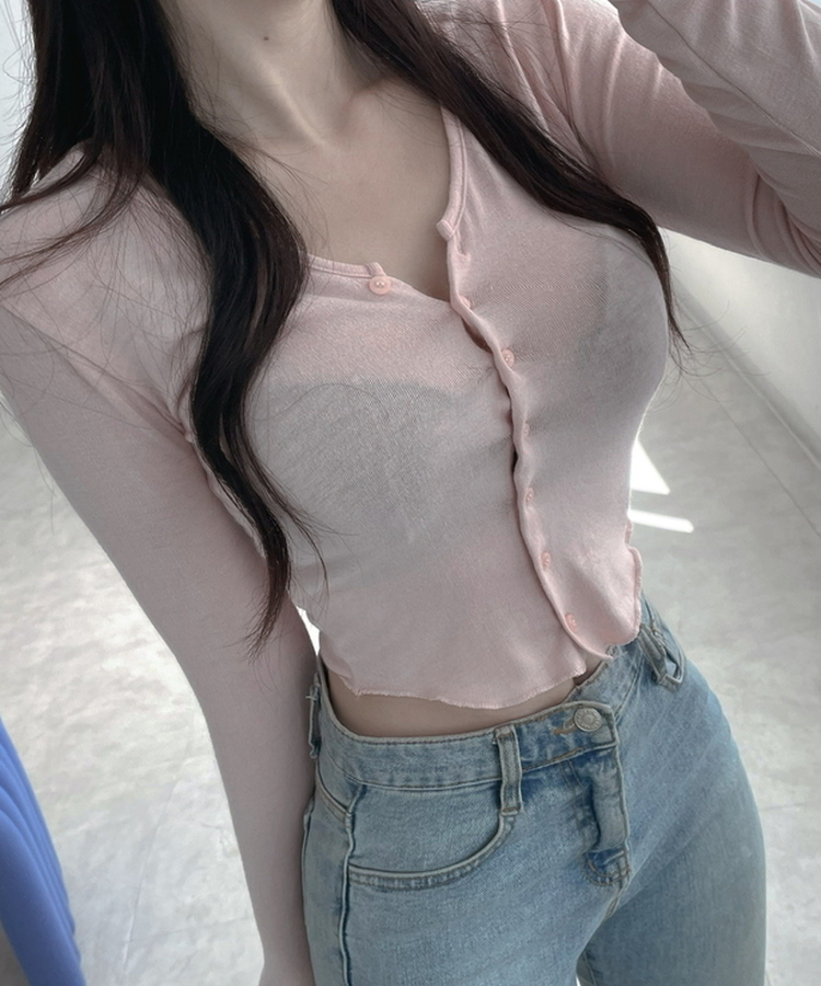 모찌 유라인 굴림 울 브이넥 슬림 가디건 핑크