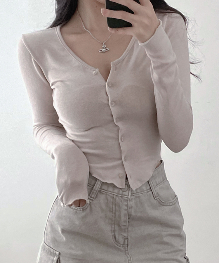 모찌 유라인 굴림 울 브이넥 슬림 가디건 베이지