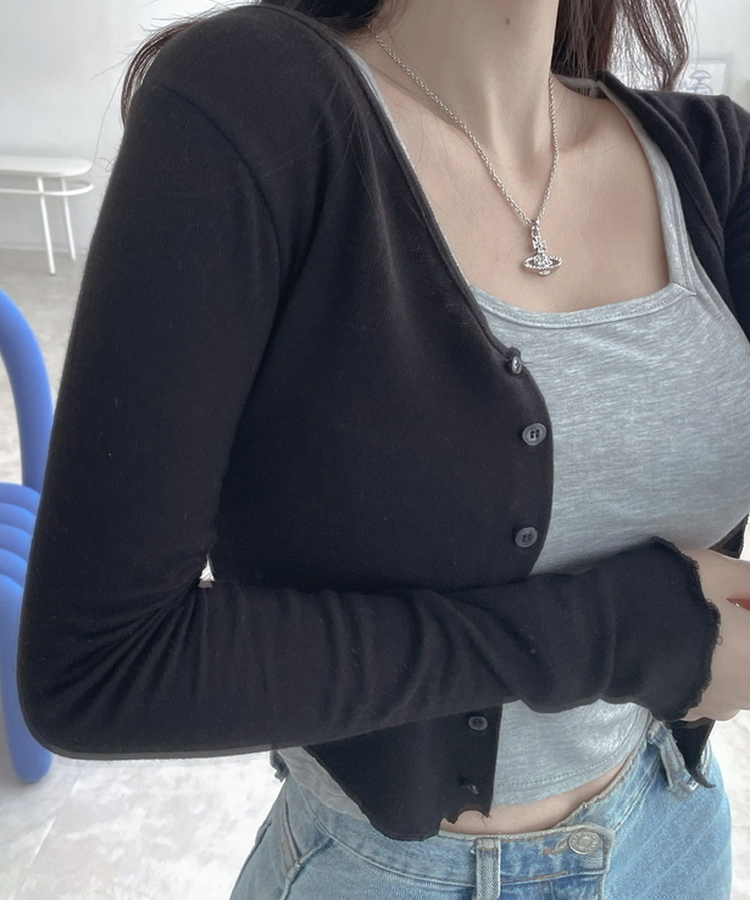 모찌 유라인 굴림 울 브이넥 슬림 가디건 블랙