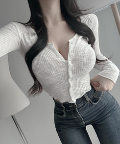 핵존예 사기핏 모짜 치즈 골지 니트 브이넥 가디건 아이보리