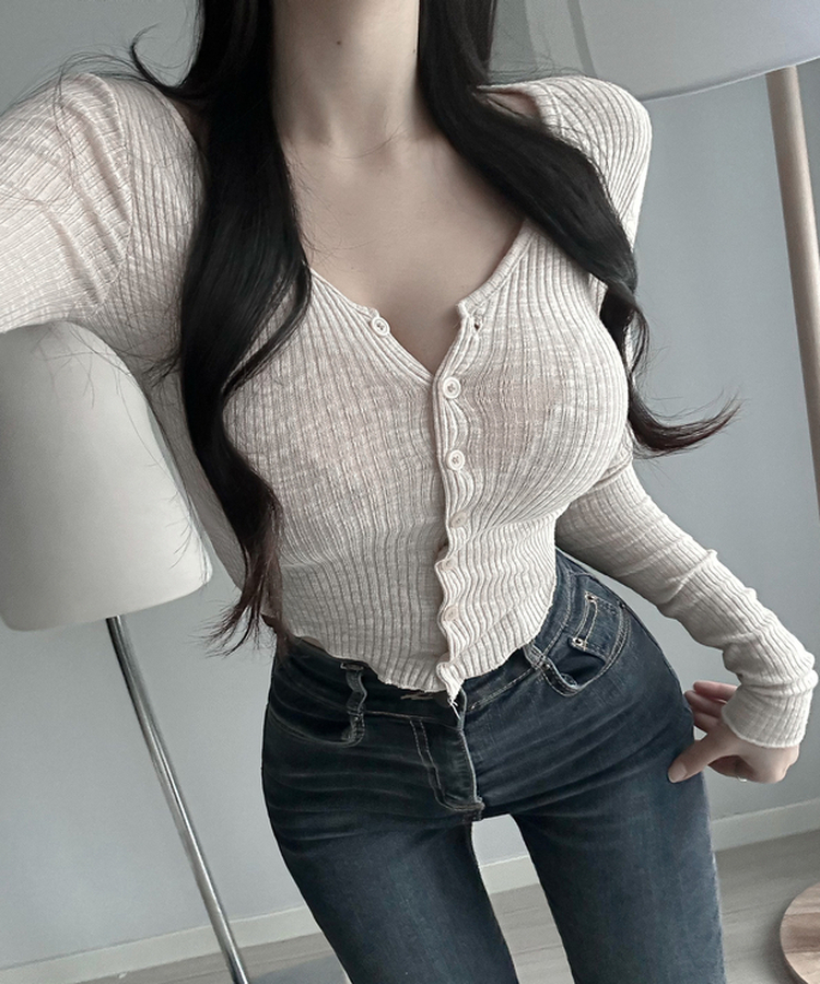 핵존예 사기핏 모짜 치즈 골지 니트 브이넥 가디건 베이지